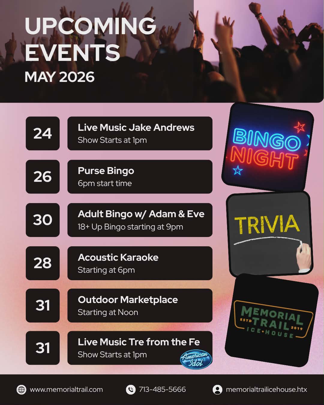 May 2026 upcoming events flyer for Memorial Trail Ice House