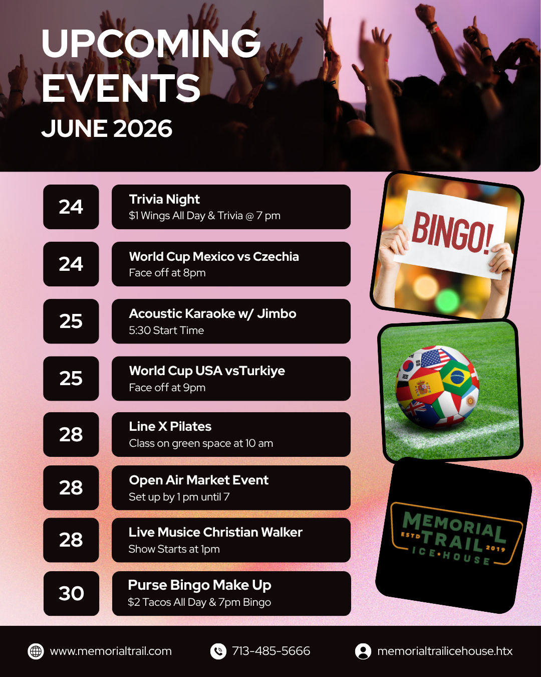 June 2026 upcoming events flyer for Memorial Trail Ice House