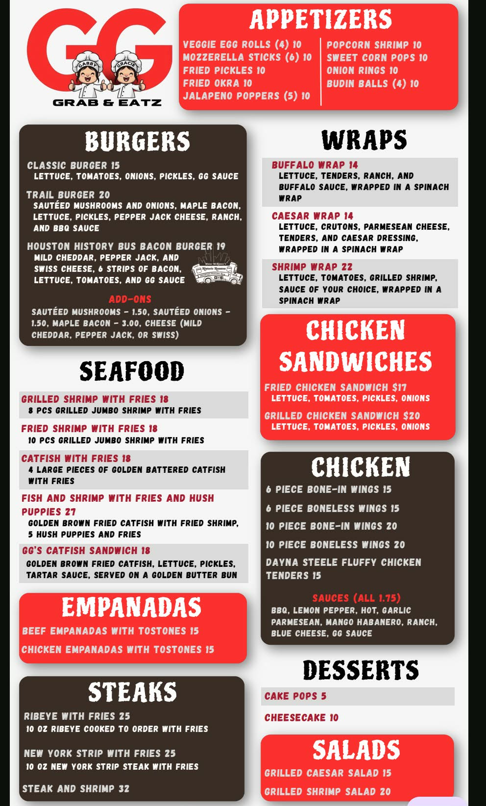 GG Grab & Eatz food menu at Memorial Trail Ice House